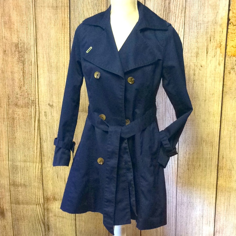 H&M Women’s Coat Blue Size: 4 Knit Polyester High Collar Double Breasted